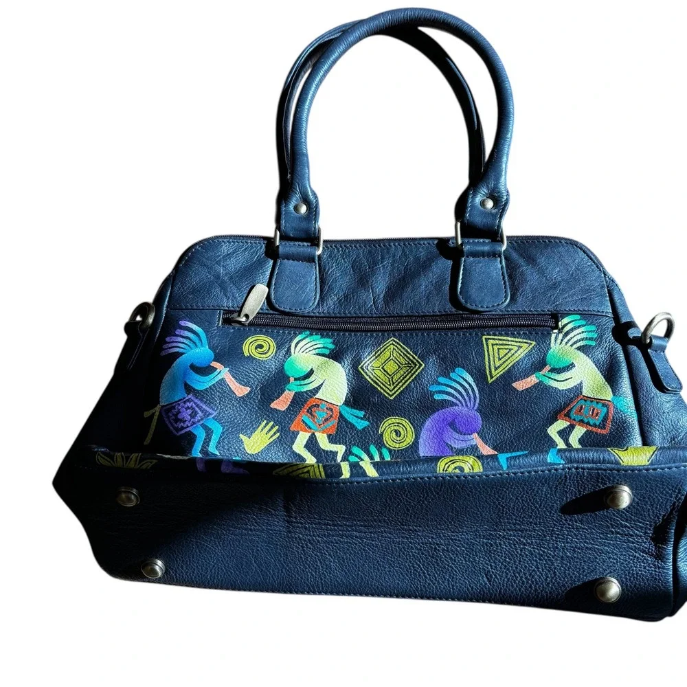 Native American Kokopelli Hand Painted‎ Black Leather Satchel Handbag